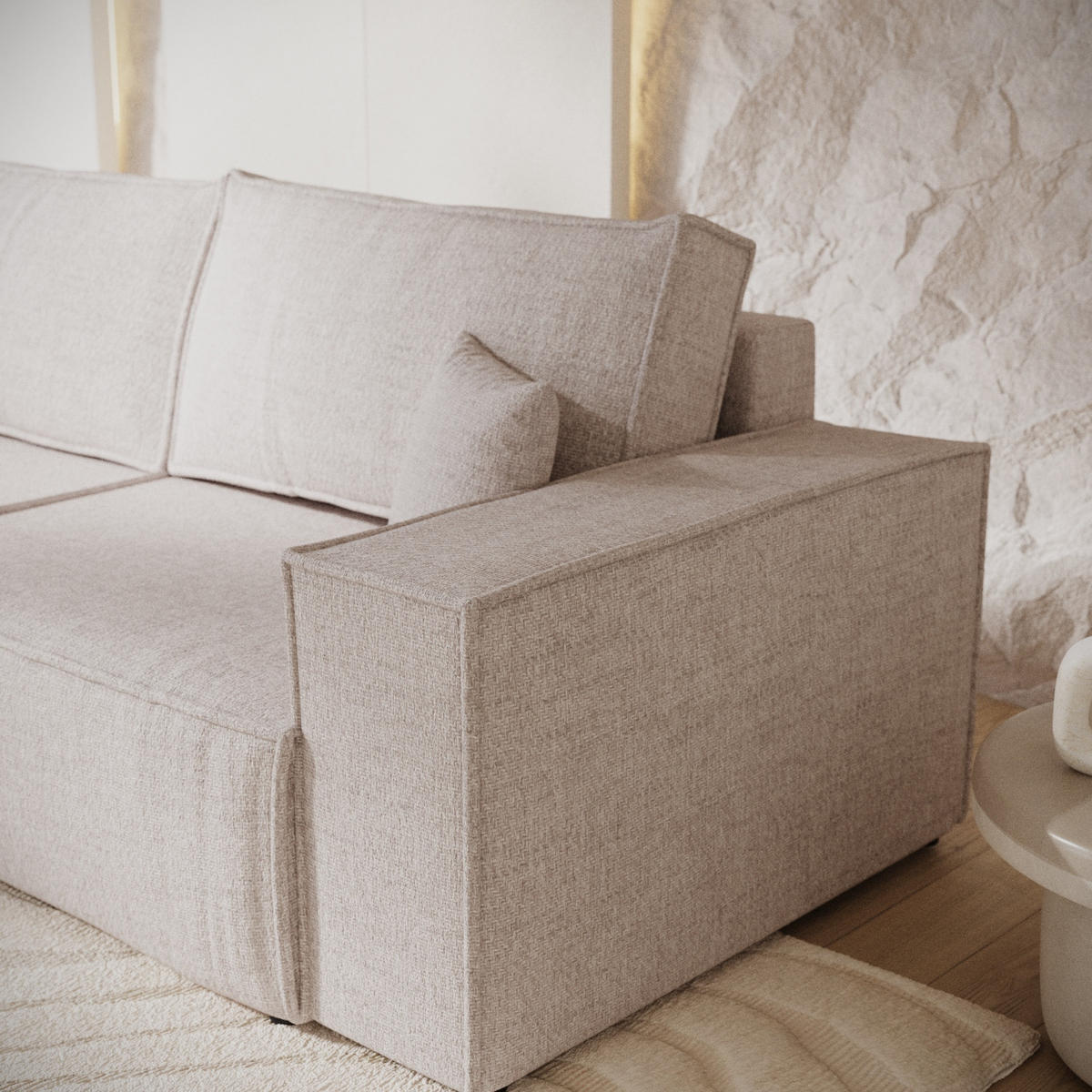 SOFA RESSO mit Schlaffunktion Hellbeige im Neve Stoff - Sandfarben/Schwarz, Holz/Holzwerkstoff (255/70/105cm) - AltaBeds