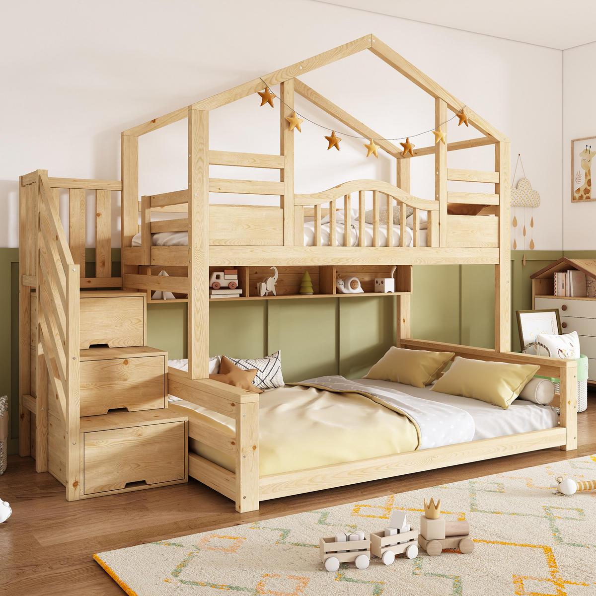 ETAGENBETT 90/200 cm & 140/200 cm in Beige & Natur mit Treppenschrank und Regalen - Eichefarben, Holz/Holzwerkstoff (90/200cm) - WISHDOR