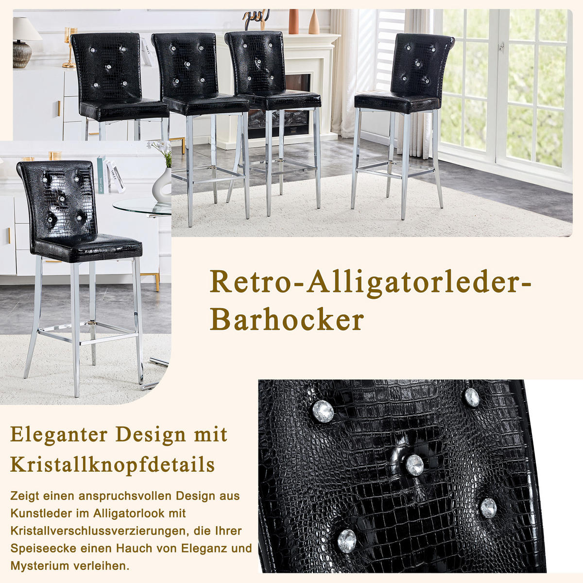 BARHOCKER DE-36799 2er-Set mit Krokodil-Leder-Optik Schwarz - Schwarz, Metall (43.2/114.3/54cm) - ComfortXL