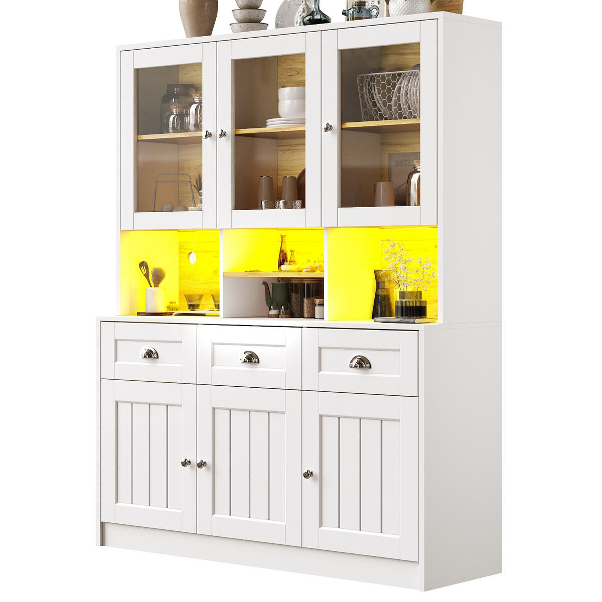 KÜCHENSCHRANK Küchenbuffet Weiß Schwarz, 140/175/40 cm, MDF, MIT LED-BELEUCHTUNG, für Esszimmer und Küche - Weiß, Holzwerkstoff (40/175/140cm) - Rolipo