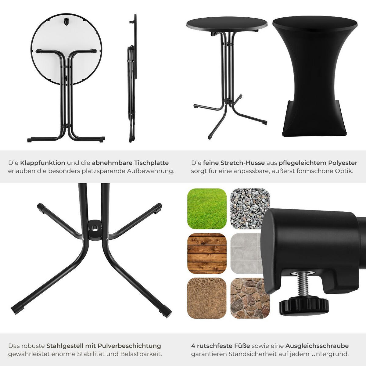 STEHTISCH Eren,bodenschonende Kunststofffüße & Ausgleichsschraube,schwarz - Schwarz, Textil (80/80/110cm) - tectake