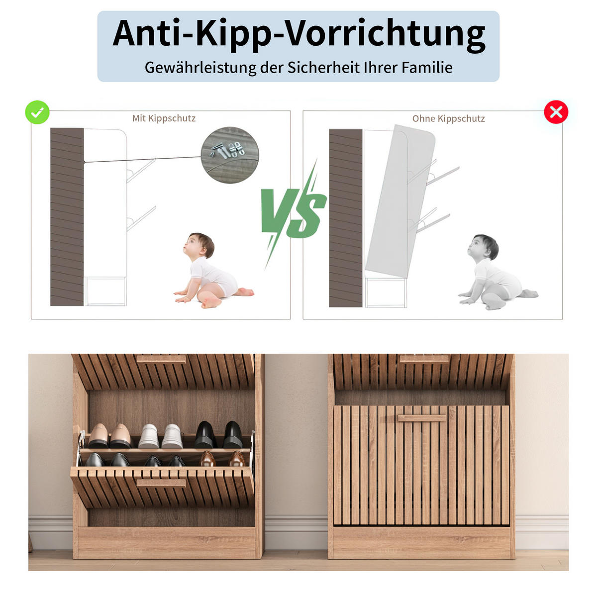 RATTAN-SCHUHSCHRANK mit 3 Türen, staub- und schmutzabweisend, Flurmöbel, 60 x 24 x 113 cm - Hellbraun, Holzwerkstoff/Metall (24/113/60cm) - GENKI LIVING