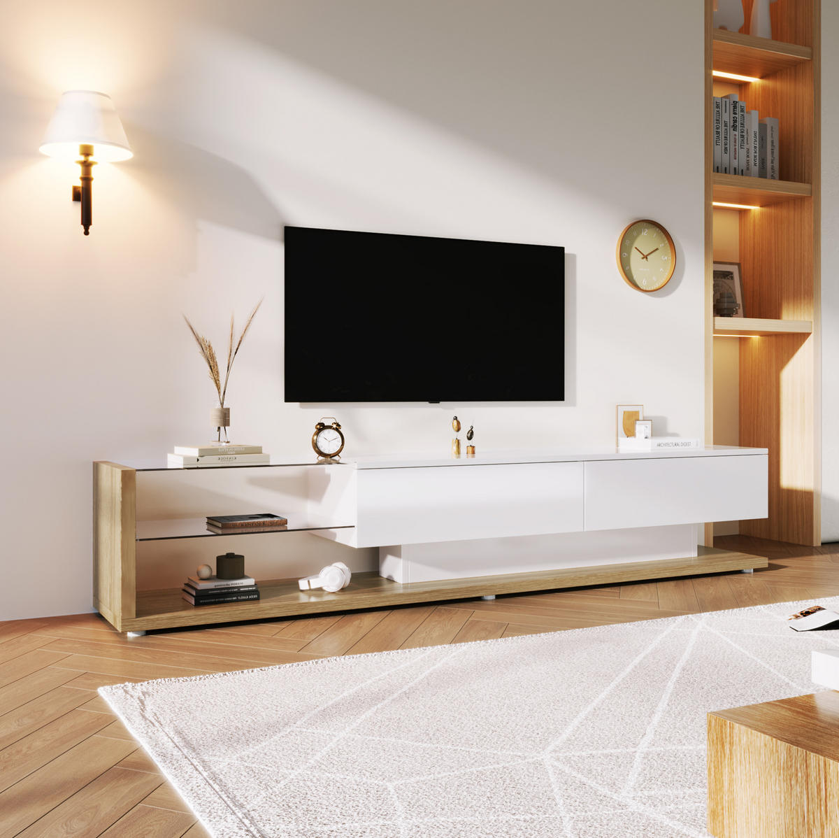 TV-SCHRANK in Weiß Hochglanz mit LED, Schubladen und Glasböden 170/38/36 cm - Weiß, Holzwerkstoff (170/38/36cm) - Redom