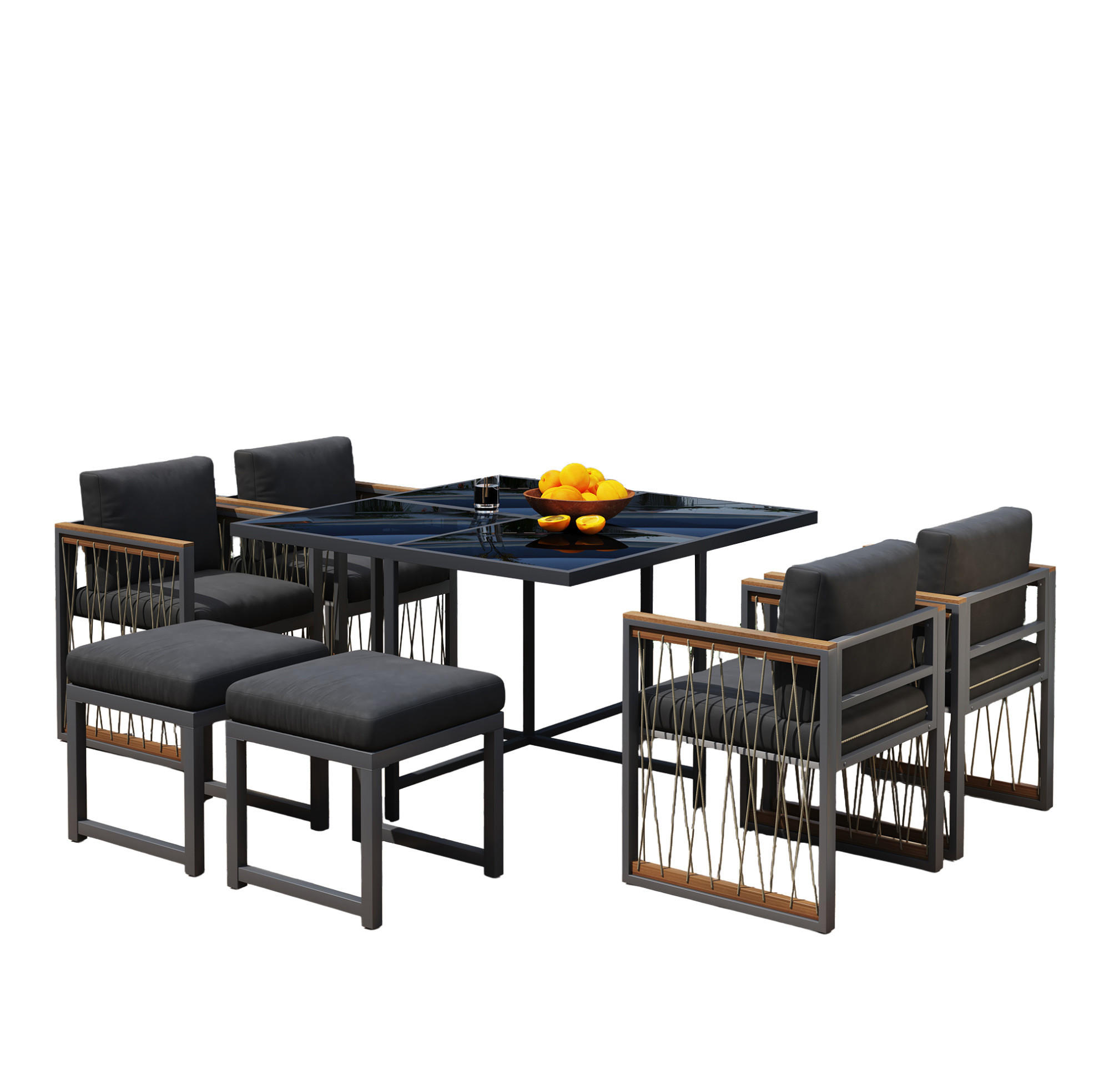 GARTEN-ESSGRUPPE 7-tlg. mit Tisch 117x117 cm Schwarz/Natur - Schwarz, Metall - Beauniv