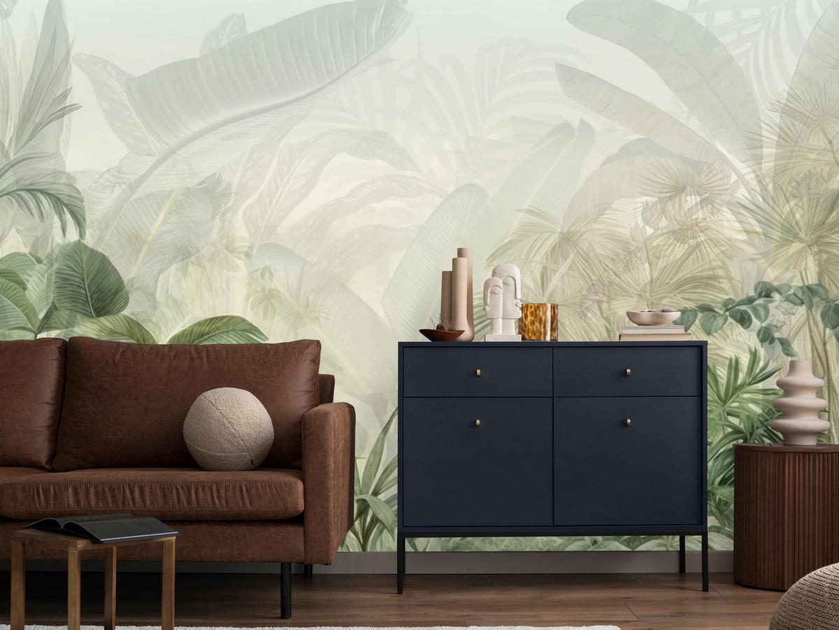 FOTOTAPETE für Schlafzimmer Tropenpflanzen Nebel Palmen Blätter 100x70 - Weiß/Grau, Papier (100/70cm) - Muralo