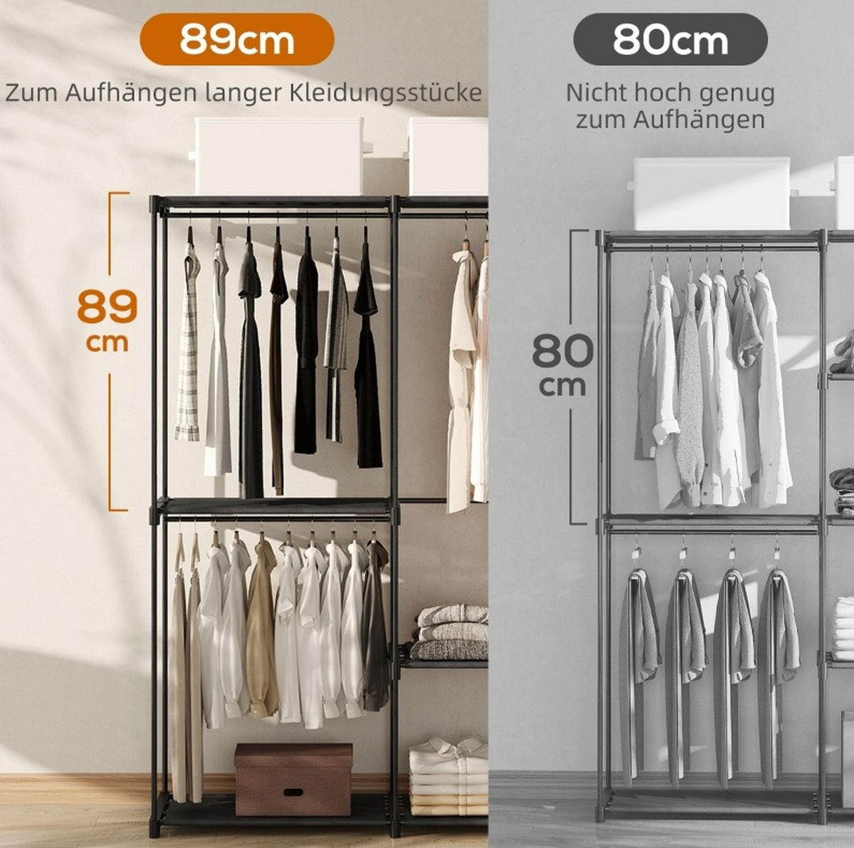 KLEIDERSCHRANK aus Stahl 111x43x185 cm Schwarz mit 2 Kleiderstangen und 6 Ablagen, tragbar und platzsparend - Schwarz, Metall (111/185/43cm) - Modfu