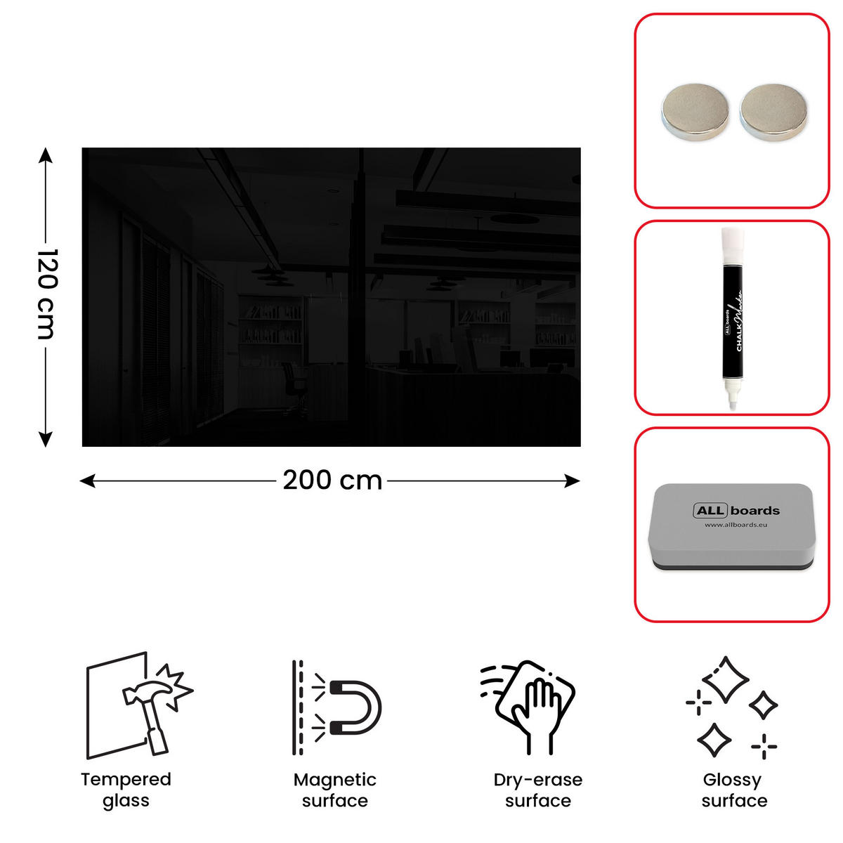 GLASBOARD - Schwarz 200x120 cm - Schwarz, Glas (200/120/0.7cm) - ALLboards
