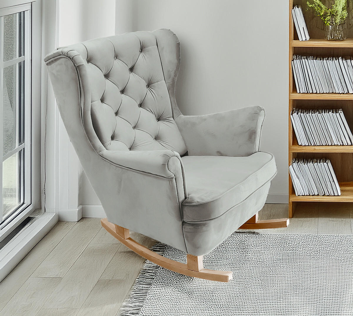 SCHAUKELSESSEL mit gepolstertem Sitz und Armlehnen, 102x81x95 cm, Asche_29855 - Buchefarben/Hellgrau, Holz/Textil (81/102/95cm) - DomoHome