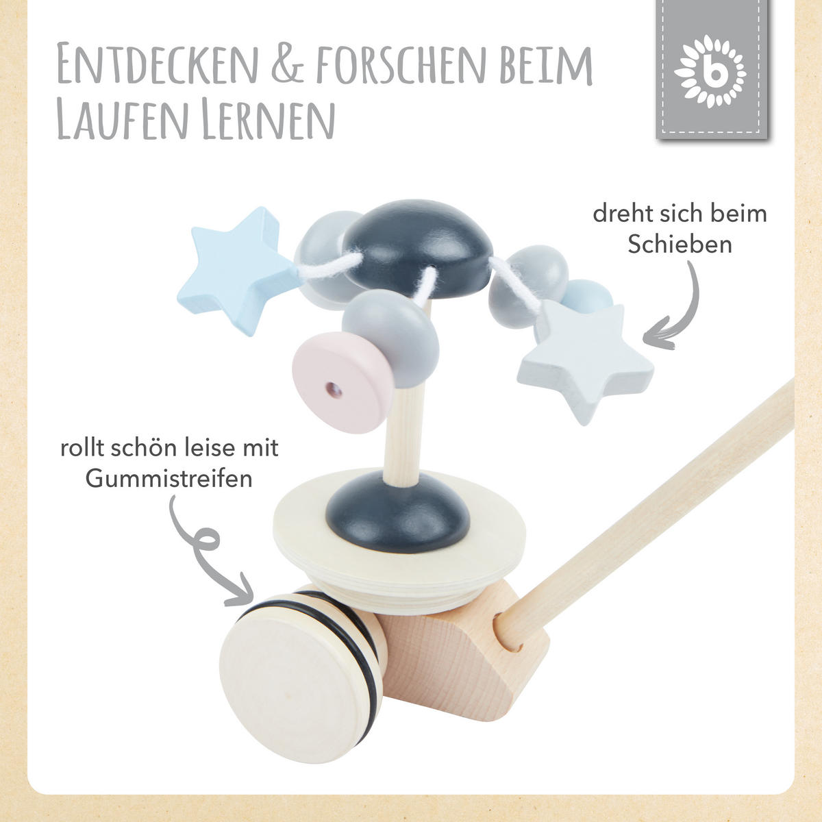 SCHIEBESPIELZEUG Holz mit Stern-Karussel - Blau, Holz (11/30cm) - Bieco Spielwaren