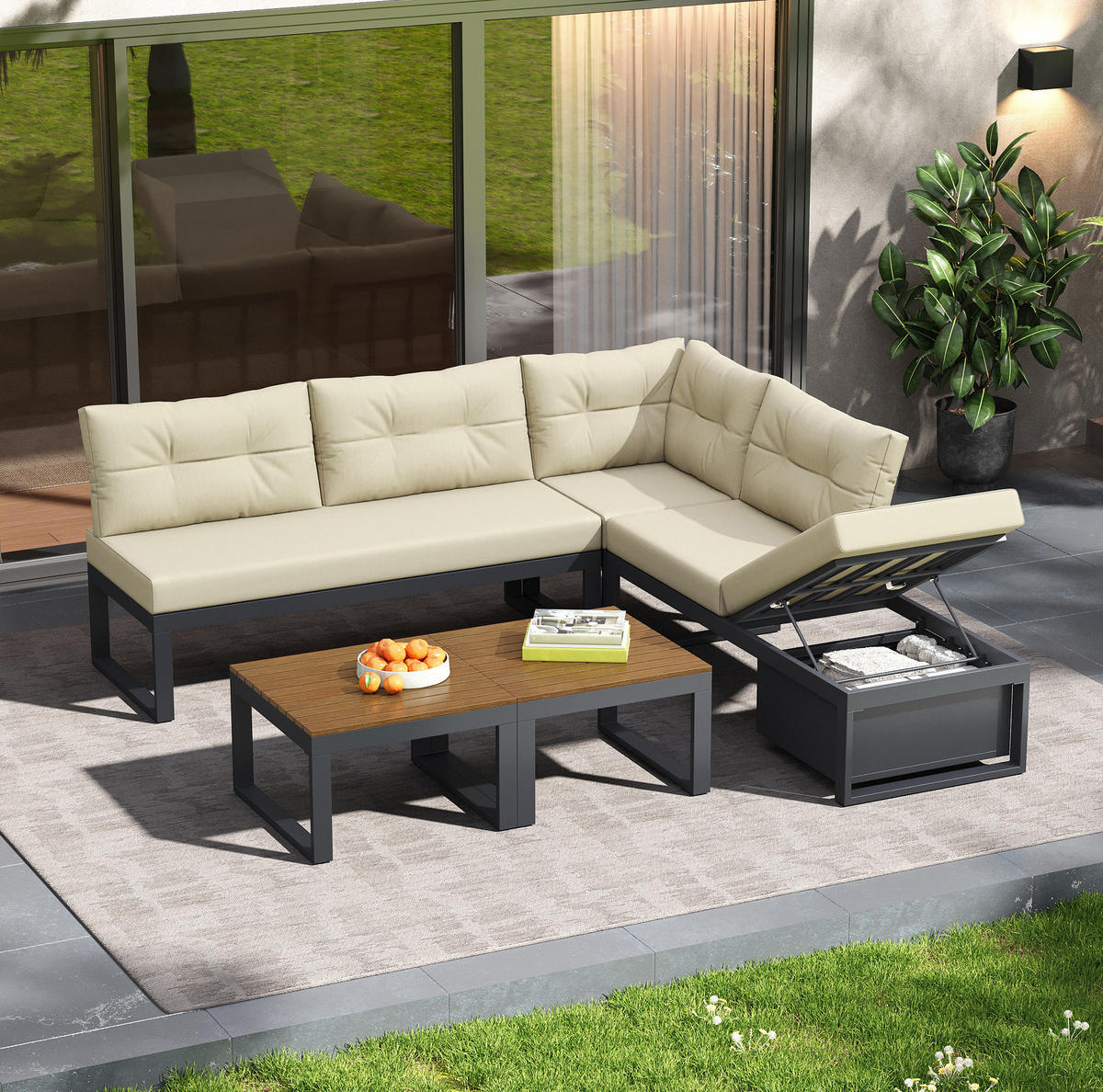 GARTENSET aus Eisen und Polyester 191,5x191,5x79 cm Beige mit Stauraum und 3-fach verstellbarer Liegefunktion - Beige, Textil - Modfu