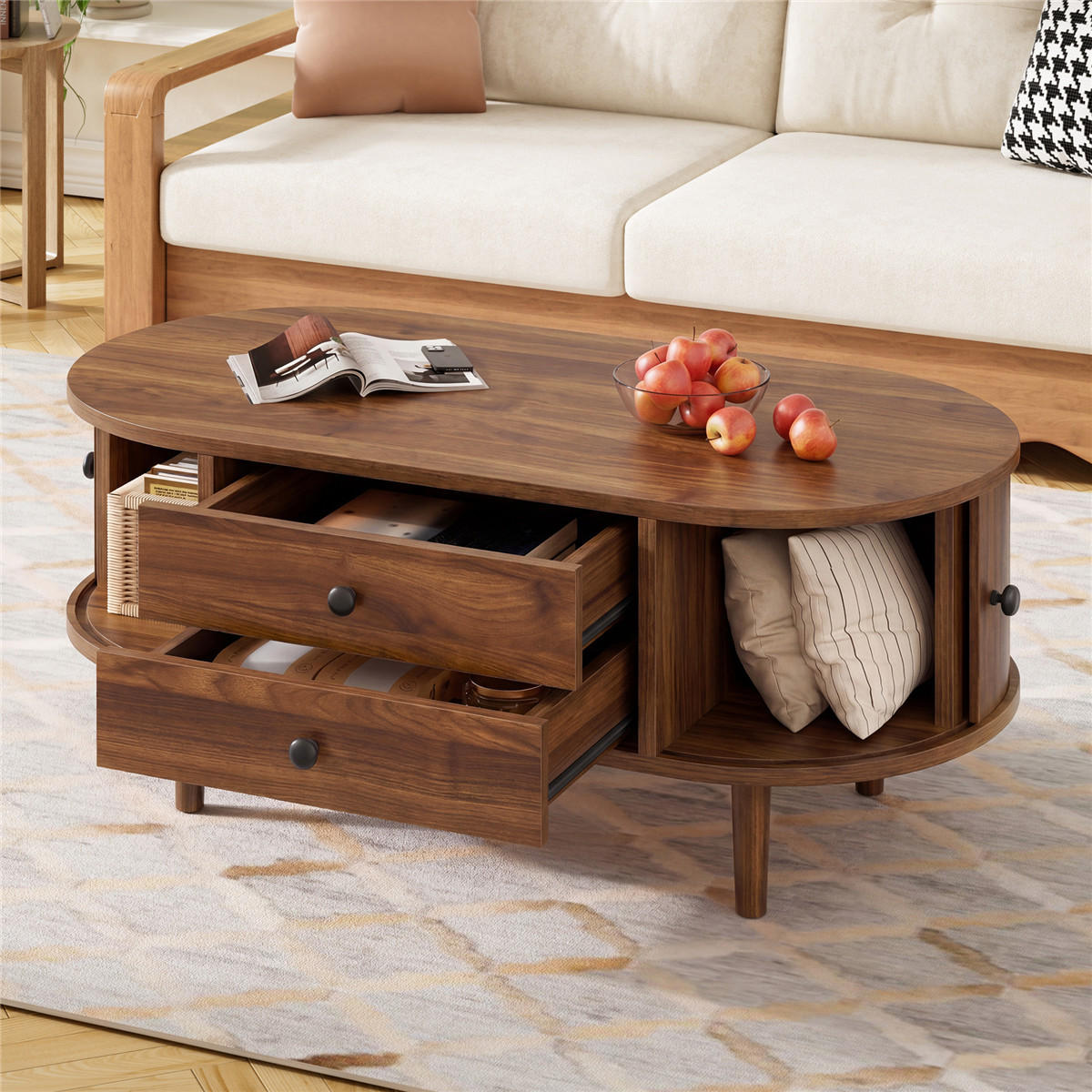 COUCHTISCH Oval Walnuss Schiebetür Stauraum - Walnussfarben, Holz (50/100/40cm) - Kaket
