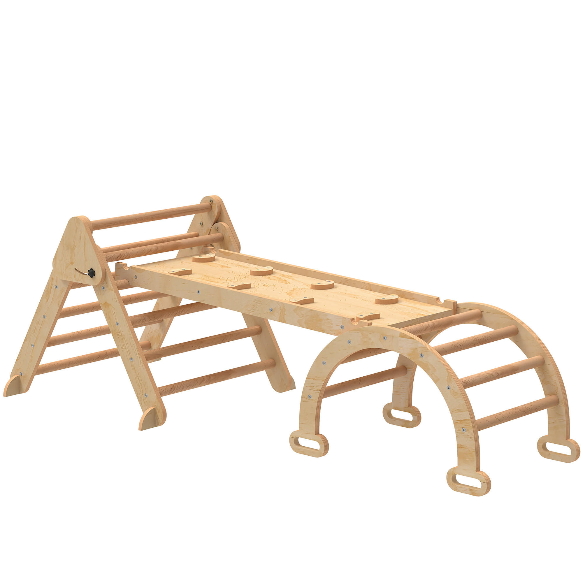 MONTESSORI-KLETTERGERÜST Holz Kletterdreieck mit Kletterbogen 7-in-1 - Naturfarben, Holz (70/59/188cm) - AIYAPLAY