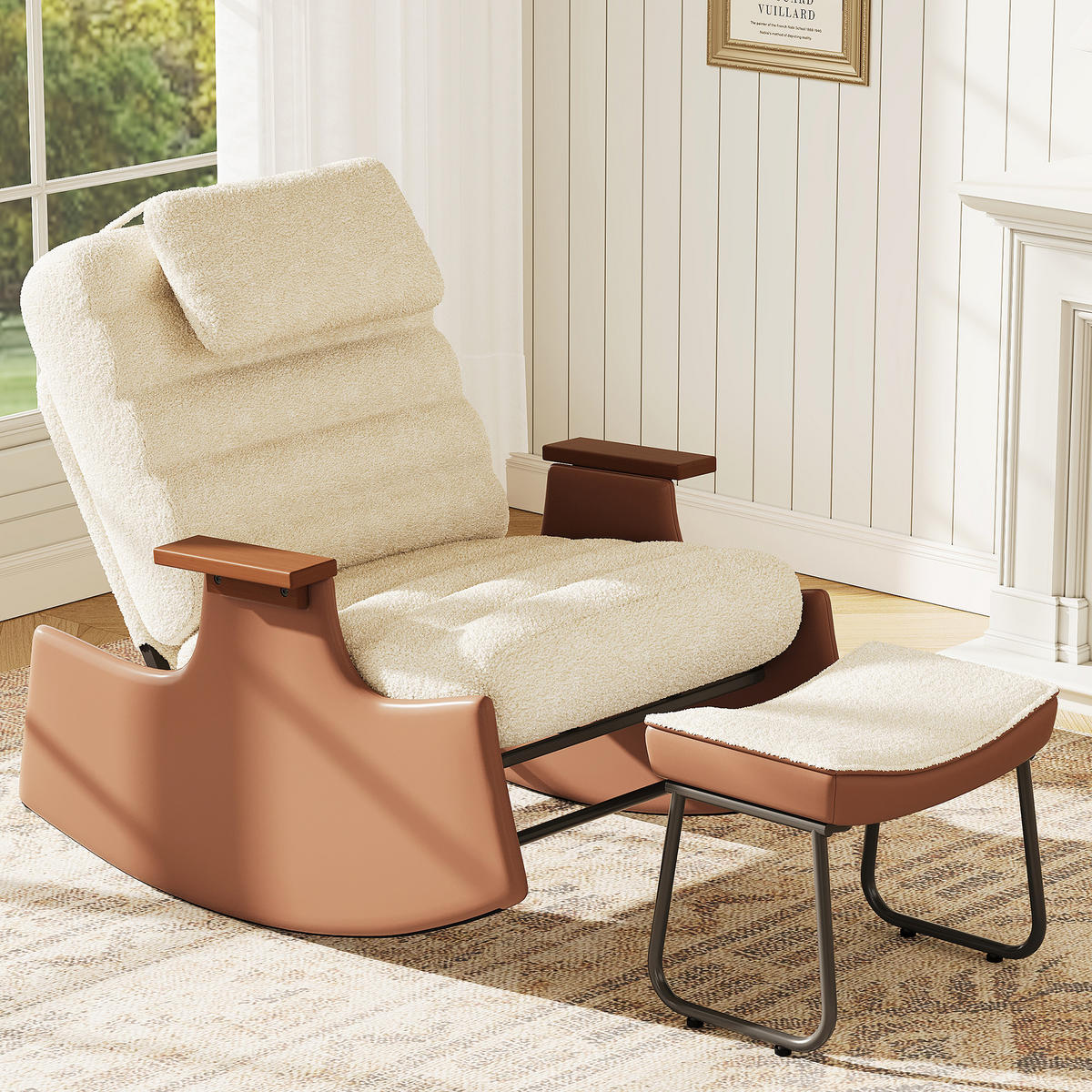 SCHAUKELSTUHL Teddystoff mit Fußstütze, Armlehnen & 3-fach verstellbarer Rückenlehne - Beige, Holz/Textil (81/81/51cm) - PARAFTA HOME