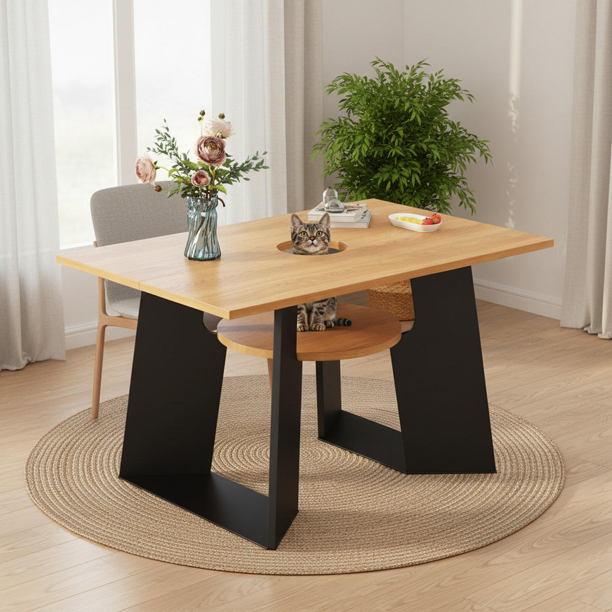 ESSTISCH Haustierfreundlich Holz-Schwarz mit Ablage & Katzenbereich - Weiß, Holzwerkstoff (85/130/75cm) - Urban Meuble