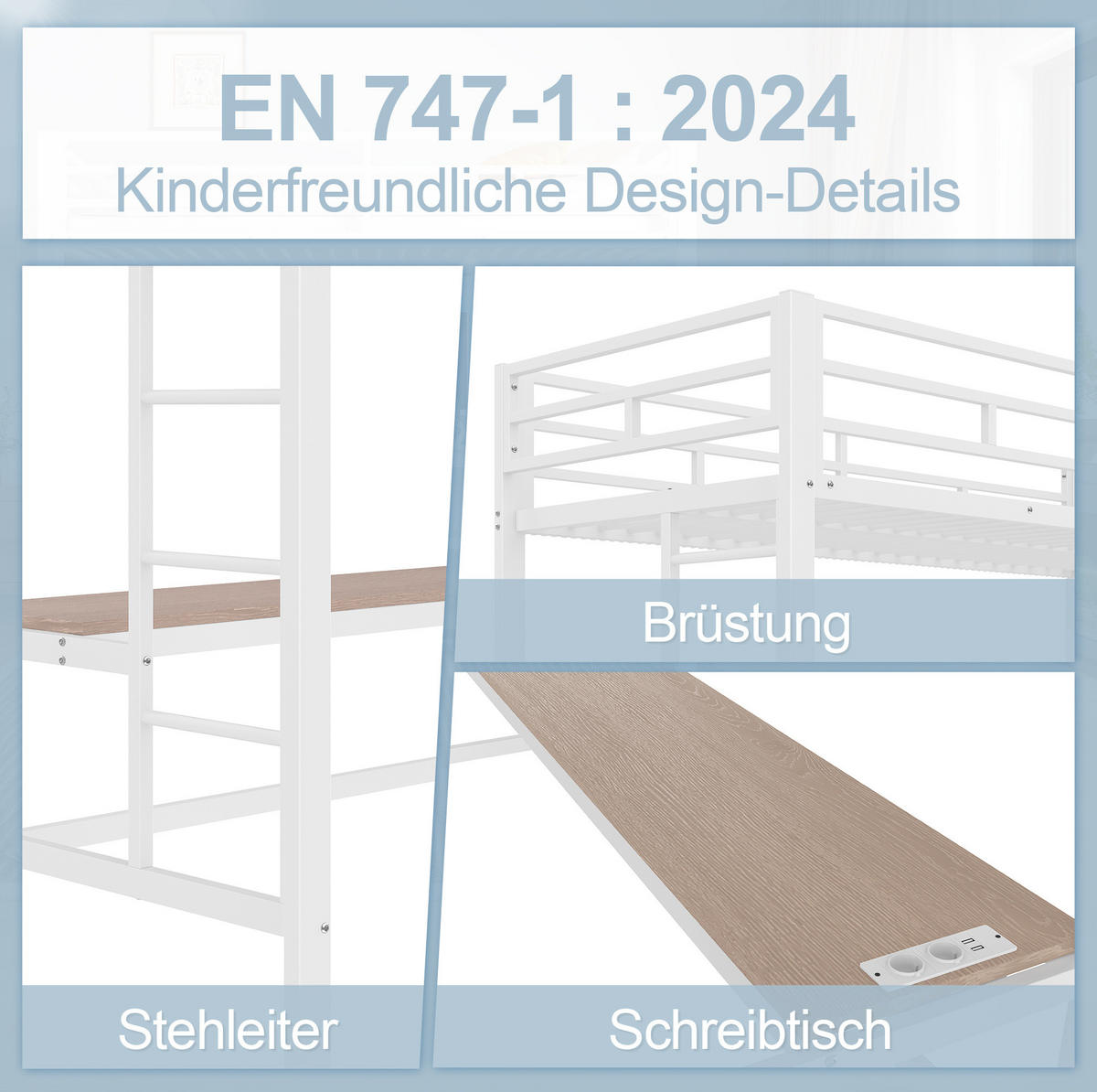 HOCHBETT 90/200 cm mit Geländer Tisch und USB-Anschlüssen mit Matratze - Weiß, Metall (90/200cm) - OKWISH