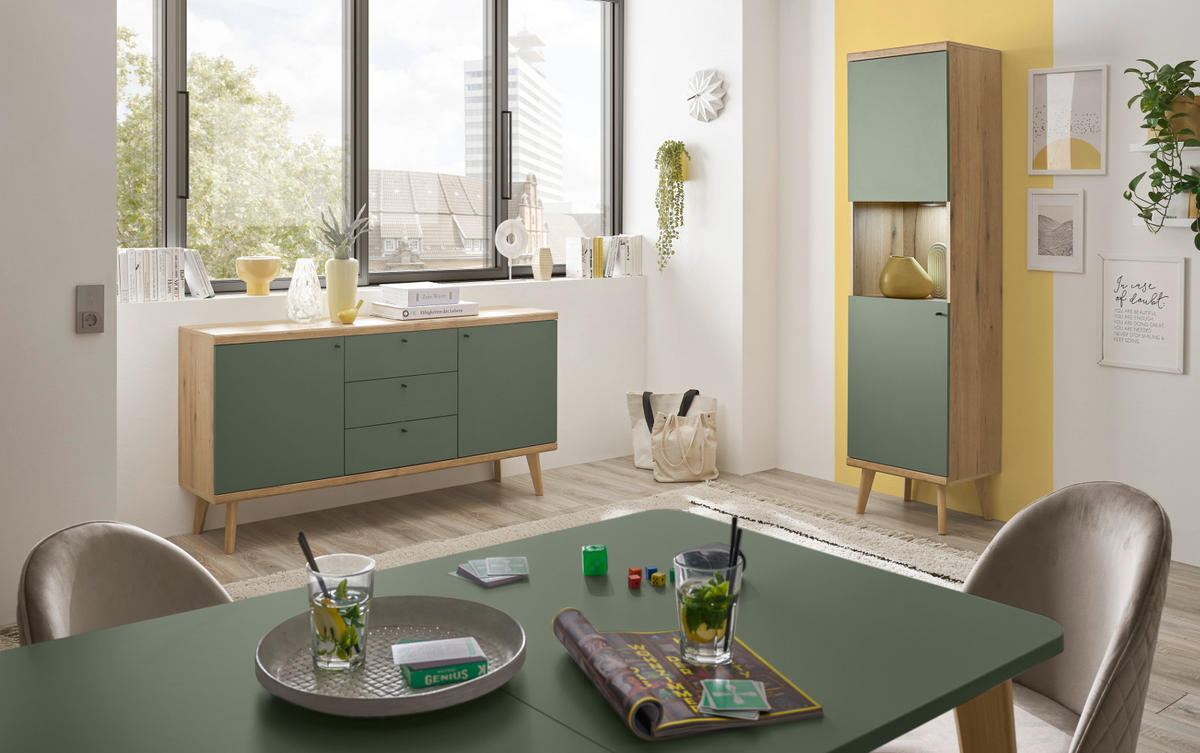 VITRINE Salbei, Eiche Evoke, skandinavisch 50 x 197 cm, Vitrinenschrank mit Stauraum - Salbeigrün/Eichefarben, Glas/Holz (50/197/40cm) - Furn.Design