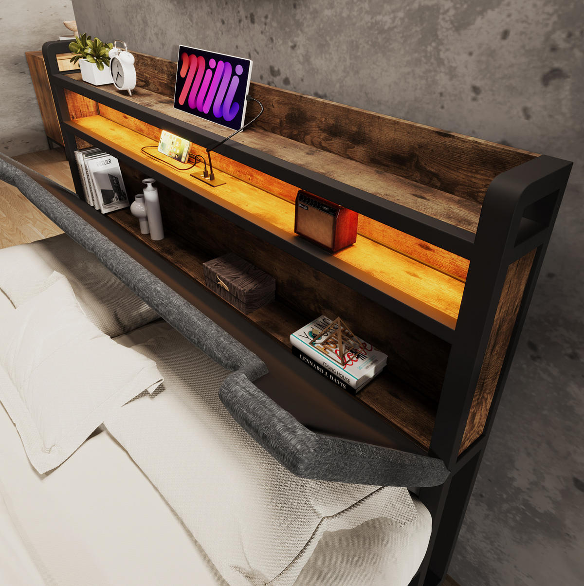POLSTERBETT mit Stauraum und LED 140x200 cm Leinen Grau 2 Schubladen - Grau, Metall (140/200cm) - Meubliv