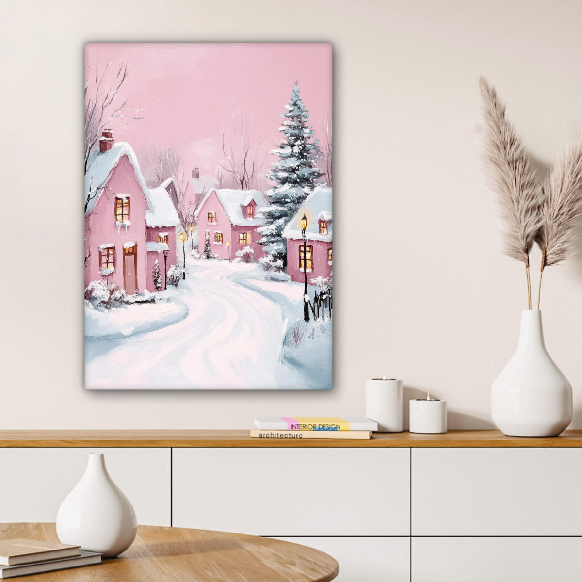 LEINWANDBILD Weihnachtsdorf - Rosa - Winter - Schnee - Häuser 60x80 cm - Altrosa, Textil (60/80cm) - MuchoWow