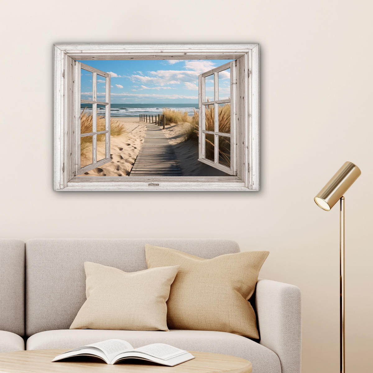 LEINWANDBILD Fenster - Meer - Küste - Natur - Ausblick - Strand - Wattenmeer Wandbilder 80x60 cm - Beige, Textil (80/60cm) - MuchoWow