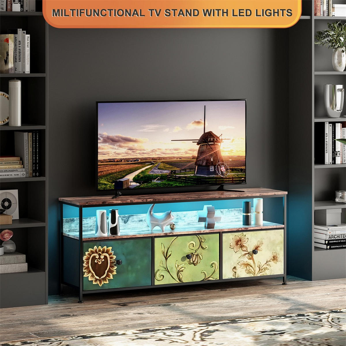 TV-LOWBOARD 137x29.8x57 cm - TV-Schrank mit LED-Beleuchtung und bunten Stoffschubladen - Mehrfarbig - Multicolor, Holzwerkstoff (29.8/57/137cm) - DELFA