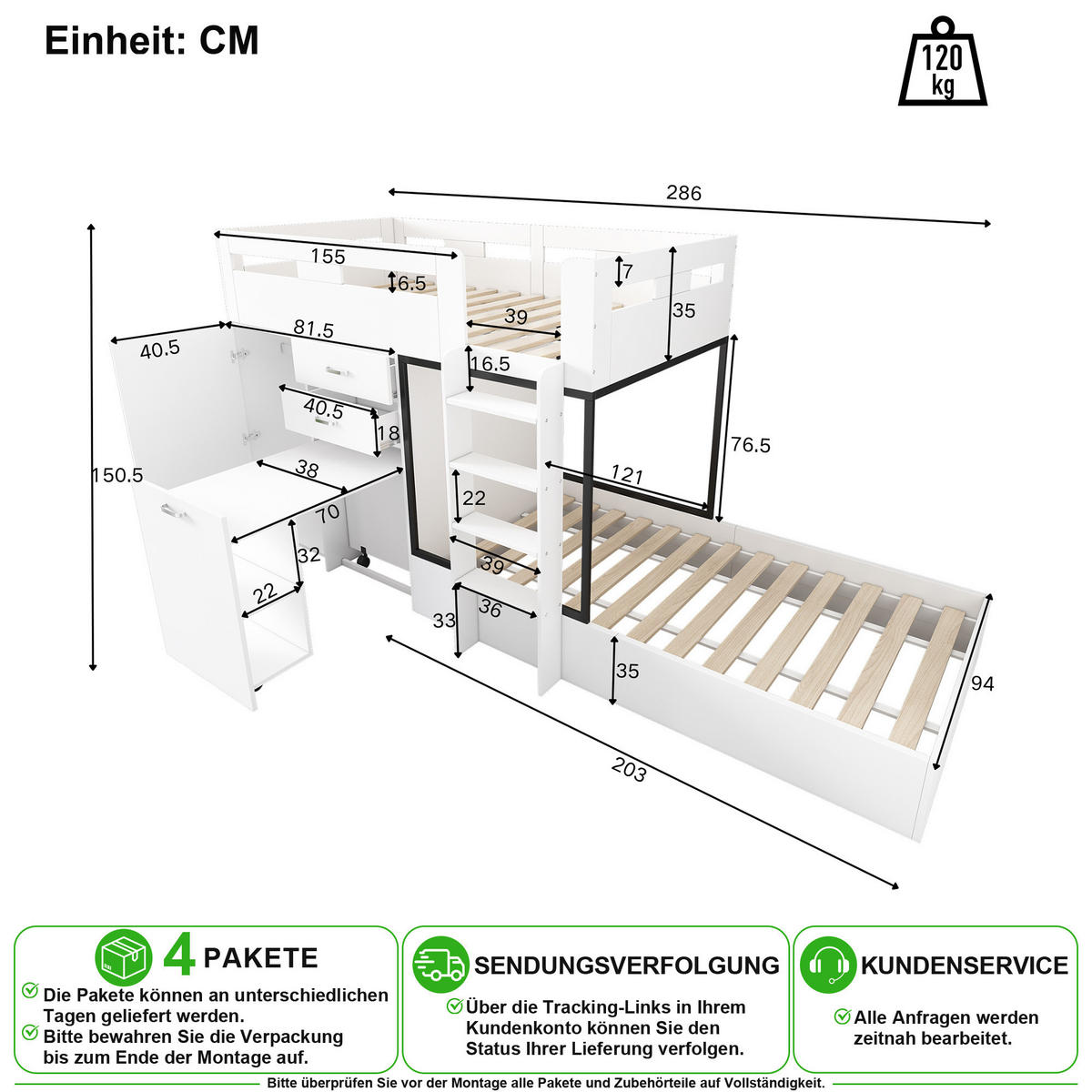 PATROVÁ POSTEL 90/200 cm v bílé a černé barvě s výsuvným stolem, skříní a zásuvkami - bílá, kompozitní dřevo (90/200cm) - CHICFURN