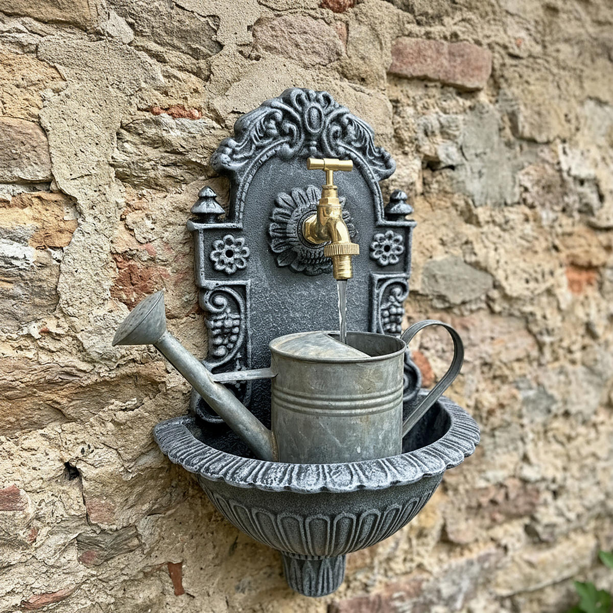 WANDBRUNNEN Grau Antik Aluminiumguss 40 cm - Grau, Metall (13/24.5/40cm) - Relaxdays