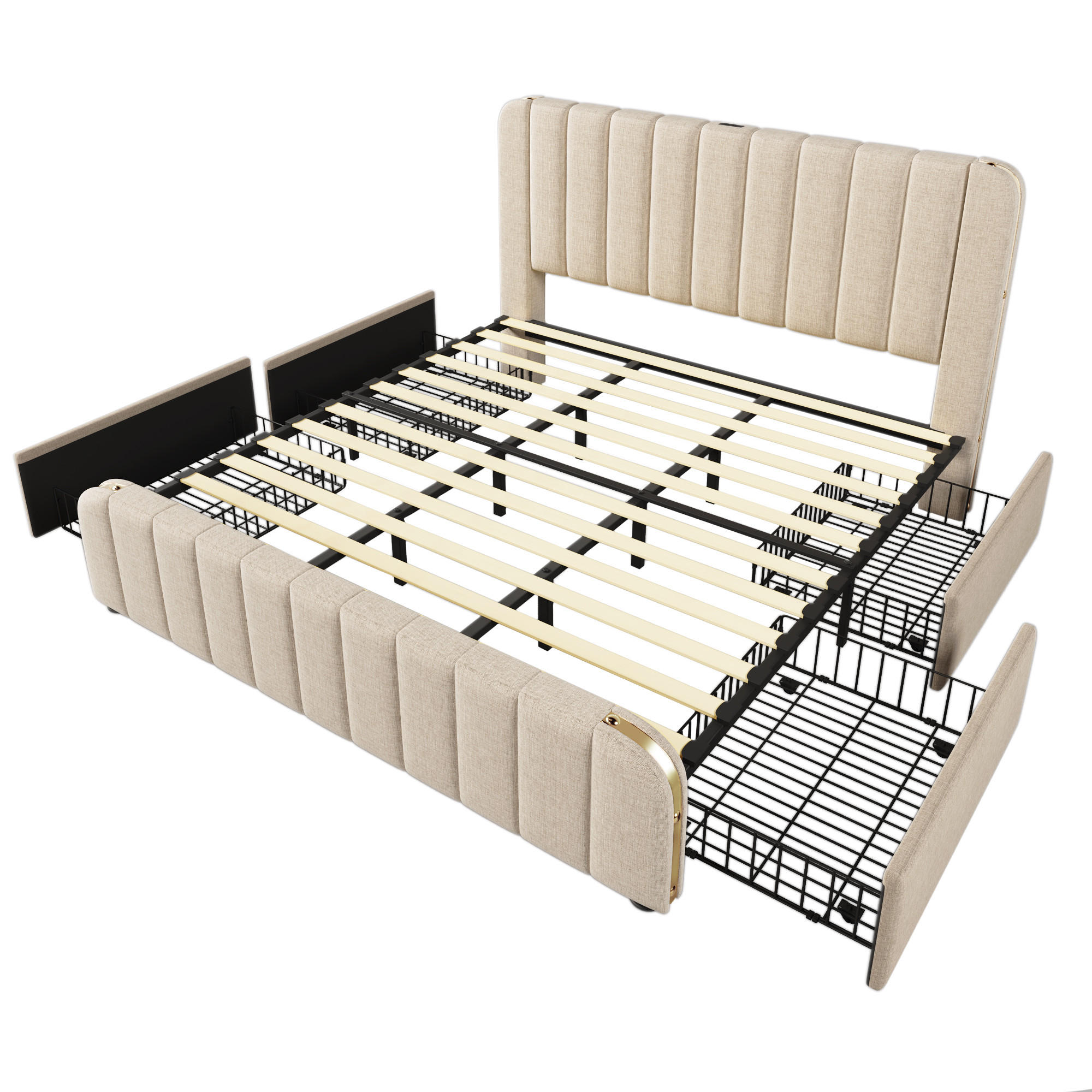 POLSTERBETT 180/200 cm Beige mit 4 Schubladen und USB Typ-C Ladefunktion - Beige, Textil (180/200cm) - Oxeza