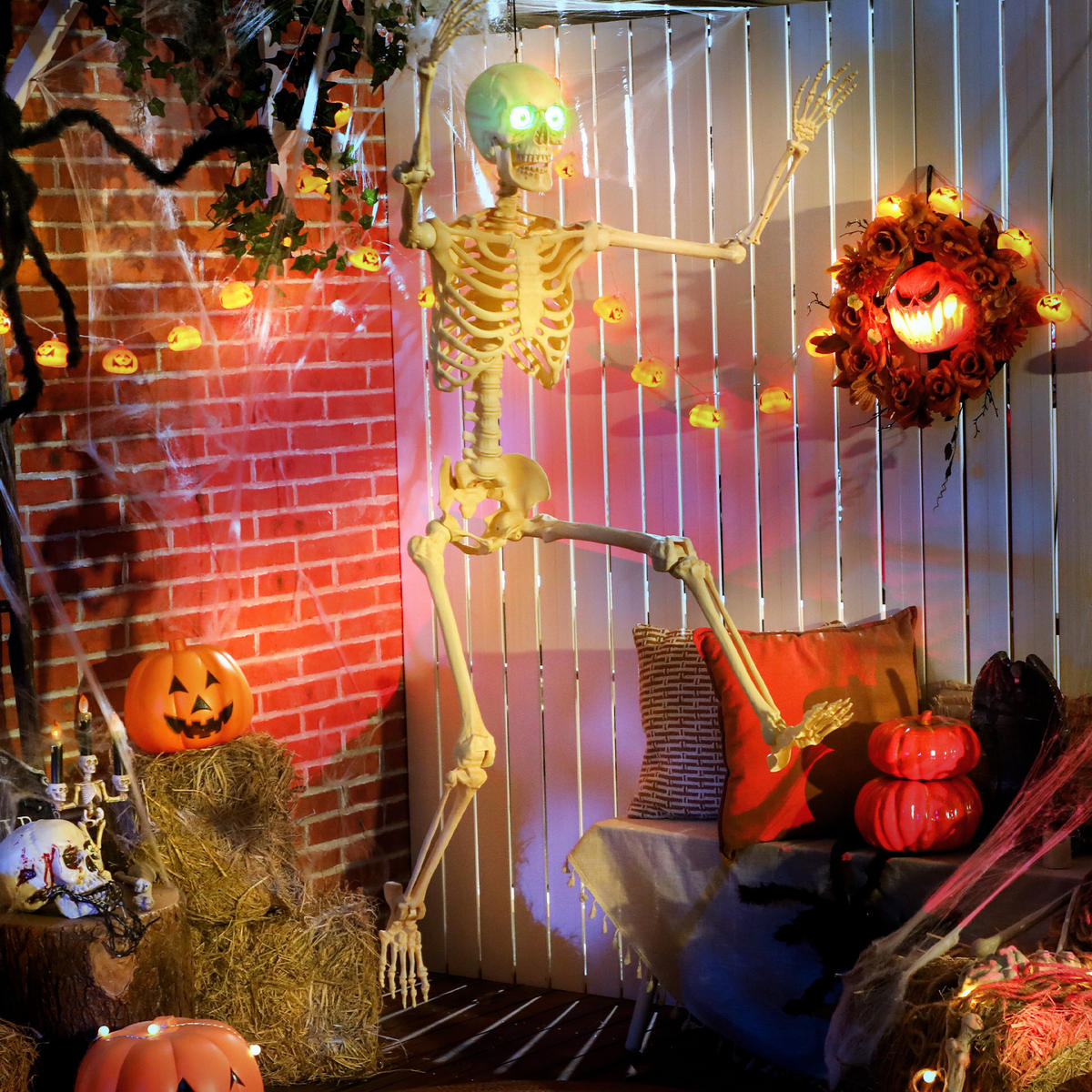 HALLOWEEN-DEKORATION Skelett 152 cm bewegliche Gelenke Beleuchtung - Gelb, Metall (17/152/47cm) - Outsunny