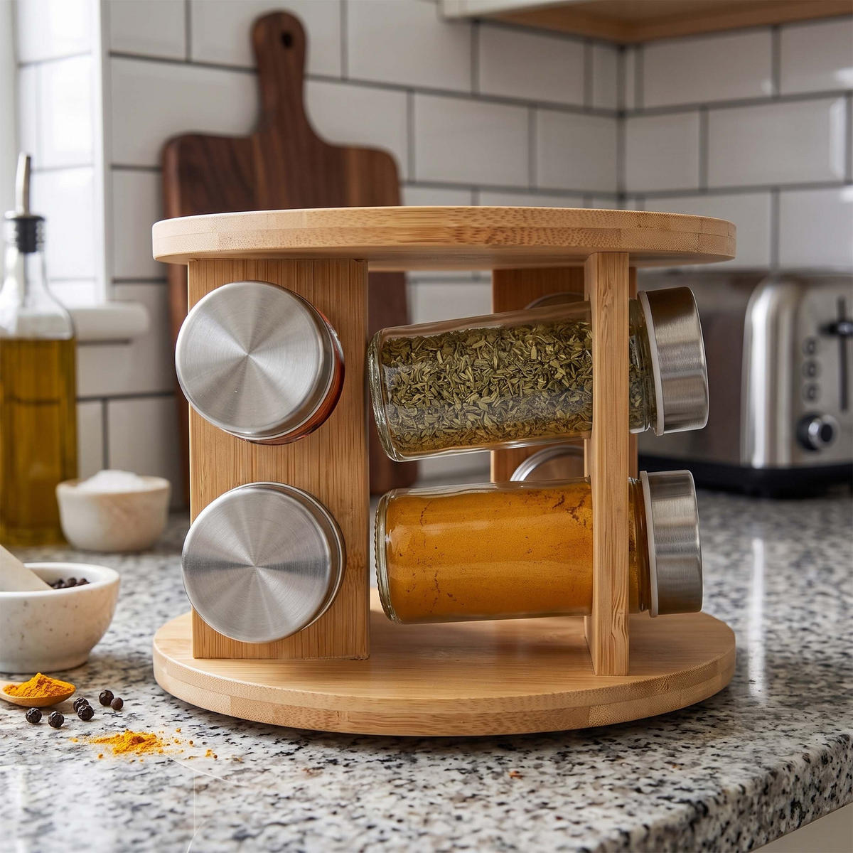 GEWÜRZKARUSSELL Natur 8er-Set Bambus drehbar - Multicolor, Glas/Holz (19/15/19cm) - Relaxdays