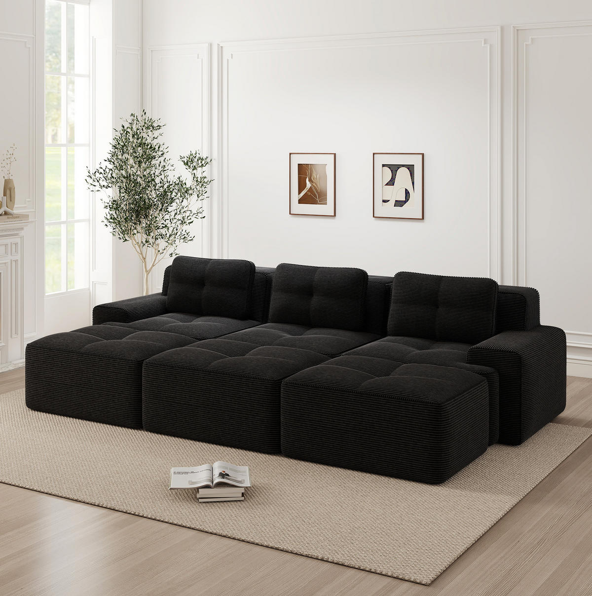 MODULARES Ecksofa aus Cord Schwarz 293x177x69 cm mit Schlaffunktion und variabler Anordnung - Schwarz, Textil (177/293cm) - IVMEU