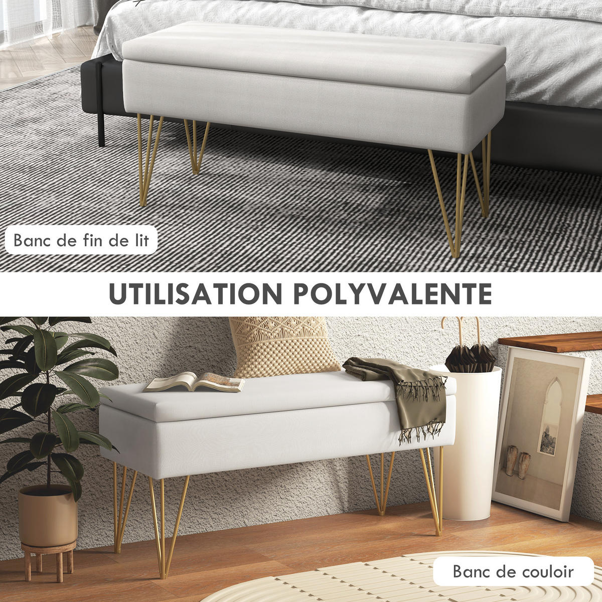 TRUHENBANK DE-12825 Stauraum und goldene Beine Creme - Weiß, Textil (100/49/40cm) - ComfortXL