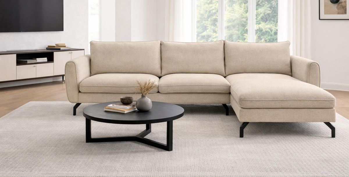 SOFA beige Webstoff 259 x 167 cm, Ecksofa 5-Sitzer, L-Sofa Ottomane rechts - Beige/Schwarz, Holz/Textil (259/167cm) - Inn.Furn