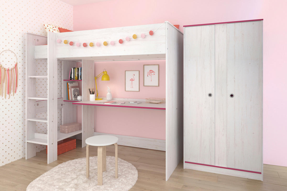 JUGENDZIMMER Set Hochbett 90x200 Schreibtisch Kleiderschrank - Blau/Weiß, Holz/Holzwerkstoff (206/182/108cm) - Parisot Meuble