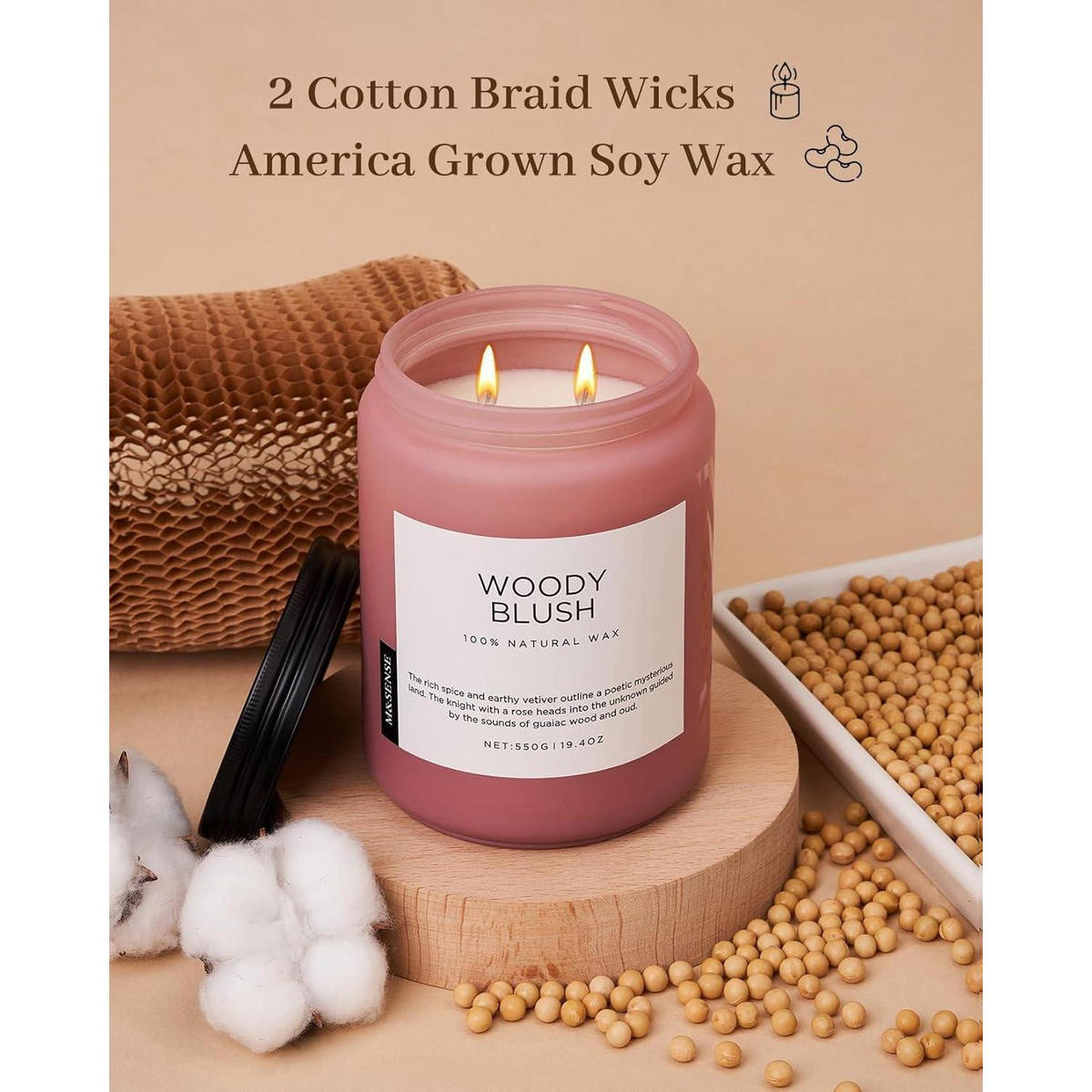 DUFTKERZE Woody Blush 550g Sojawachs 110 Stunden Brenndauer - Rosa, Paraffin (13cm)