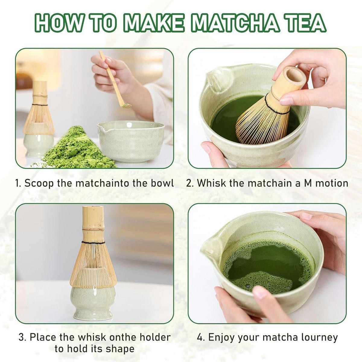 MATCHA Tee Set 9-teiliges Set mit Schale und Besen - Grün, Keramik (16/7/30cm)