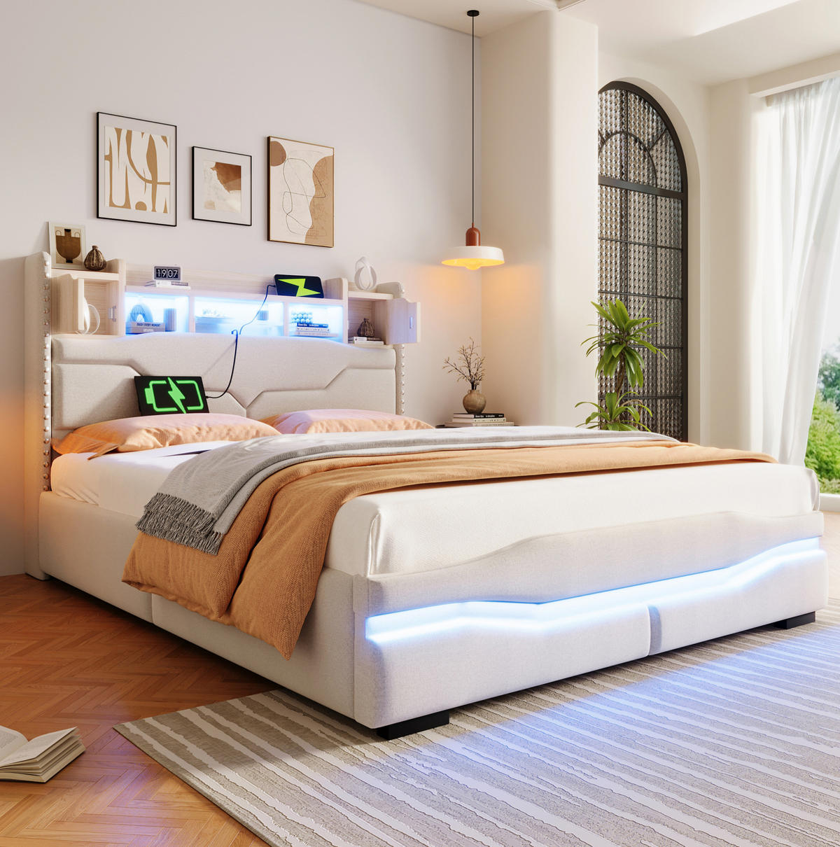 POLSTERBETT aus Leinen 140x200 cm in Beige mit LED-Beleuchtung & USB-C - Beige, Textil (140/200cm) - Modfu