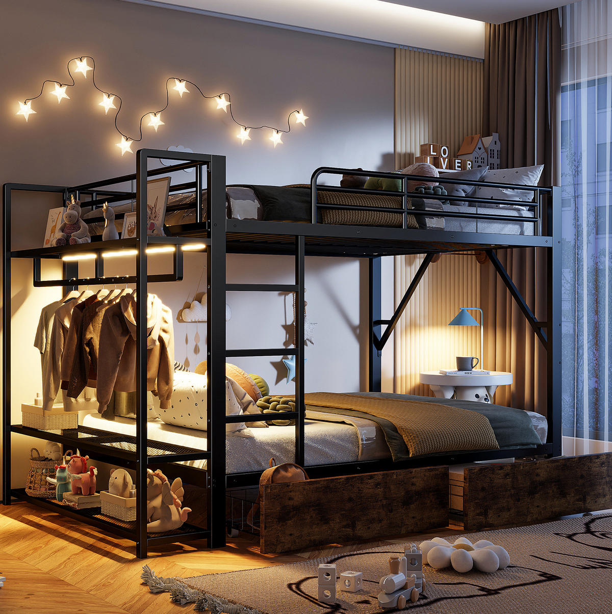 ETAGENBETT 140/200 cm Schwarz mit LED und Schubladen - Schwarz, Metall (140/200cm) - MIVRAY