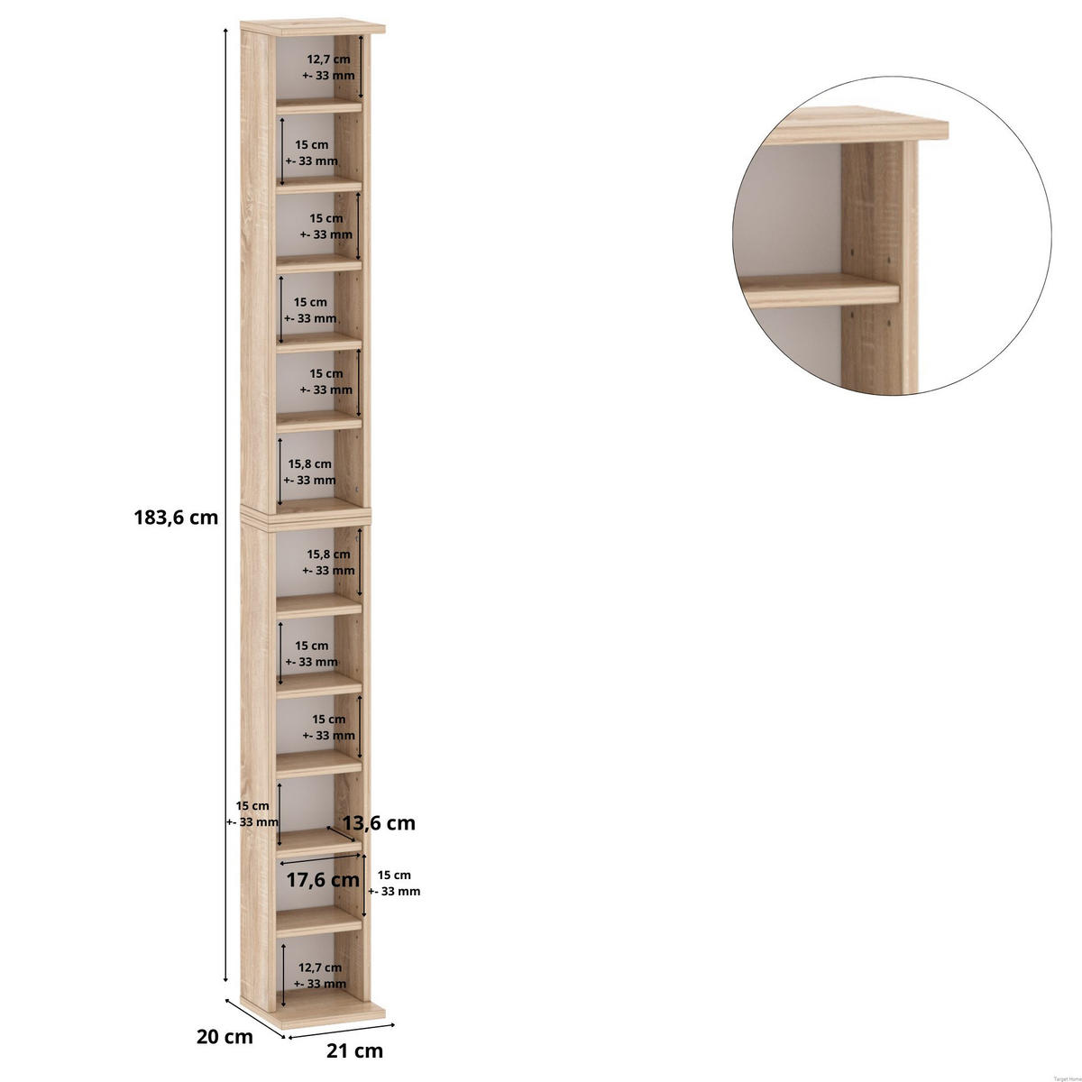 CD/DVD REGAL Spanplatten Weiß 183,6 cm - Sonoma Eiche, Holzwerkstoff (21/184/20cm) - Target Home