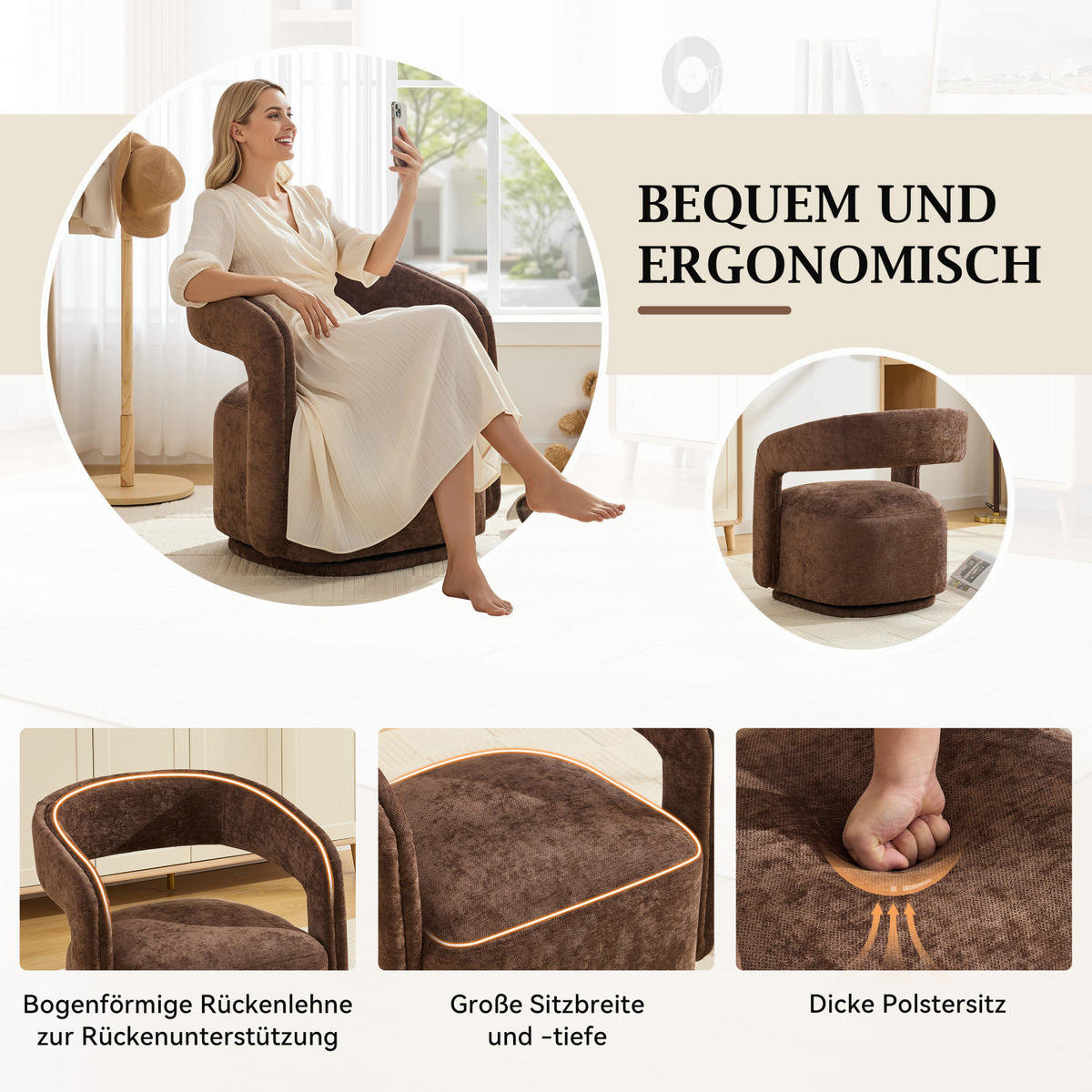 SESSEL,360 Grad Drehsessel Chenille Braun, Wohnzimmer Relaxsessel - Braun, Textil (70/74/65cm) - PARAFTA HOME