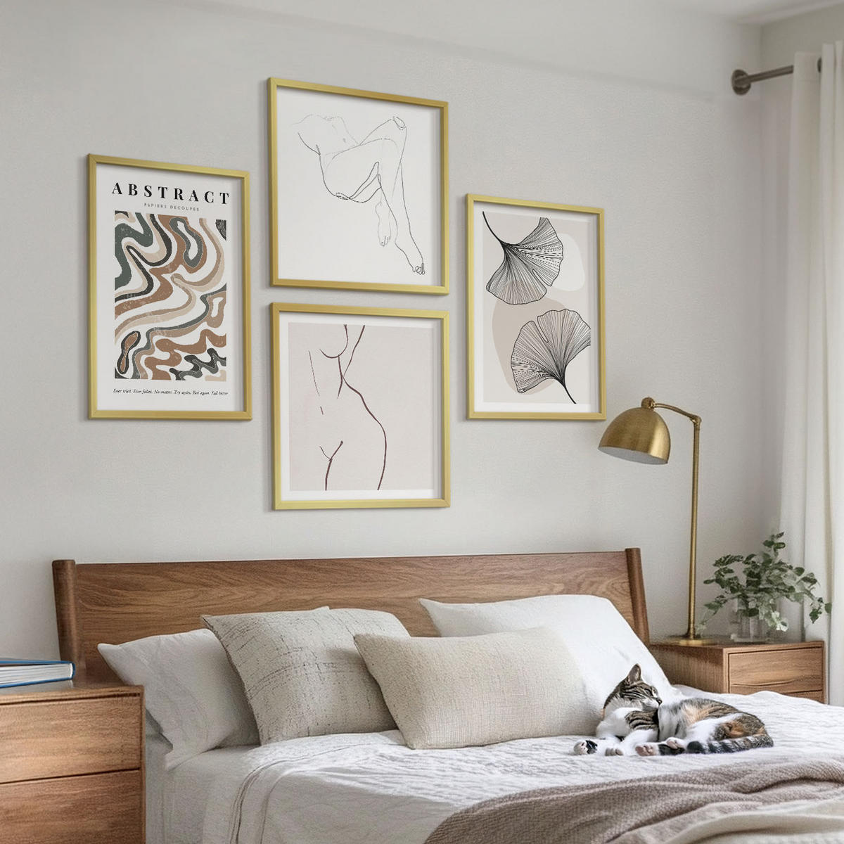 WANDBILDER 4er Set - 50x50 cm & 40x60 cm Goldrahmen - Abstrakte Boho-Blattformen - Goldfarben, Kunststoff (50/50cm) - ArtPrintCave