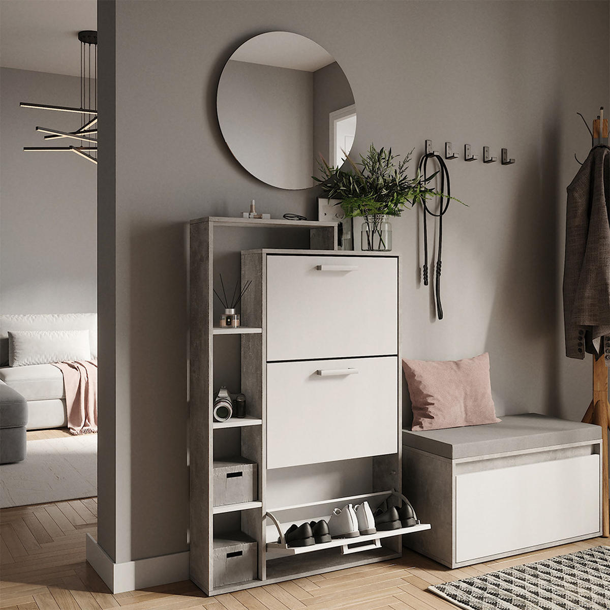 SCHUHKIPPER Orlando Weiß/Beton 80 x 128.3 cm mit 3 Klappfächern - Weiß/Grau, Holzwerkstoff (80/128.3/18.2cm) - Vicco