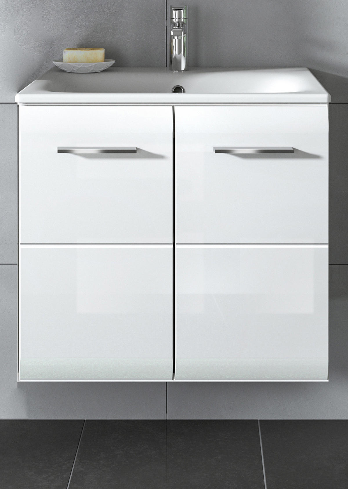 WASCHBECKENUNTERSCHRANK inklusive Waschbecken weiß Hochglanz, Waschtisch hängend 60 cm - Weiß Hochglanz/Silberfarben, Keramik/Holzwerkstoff (60/55/46cm) - Inn.Furn