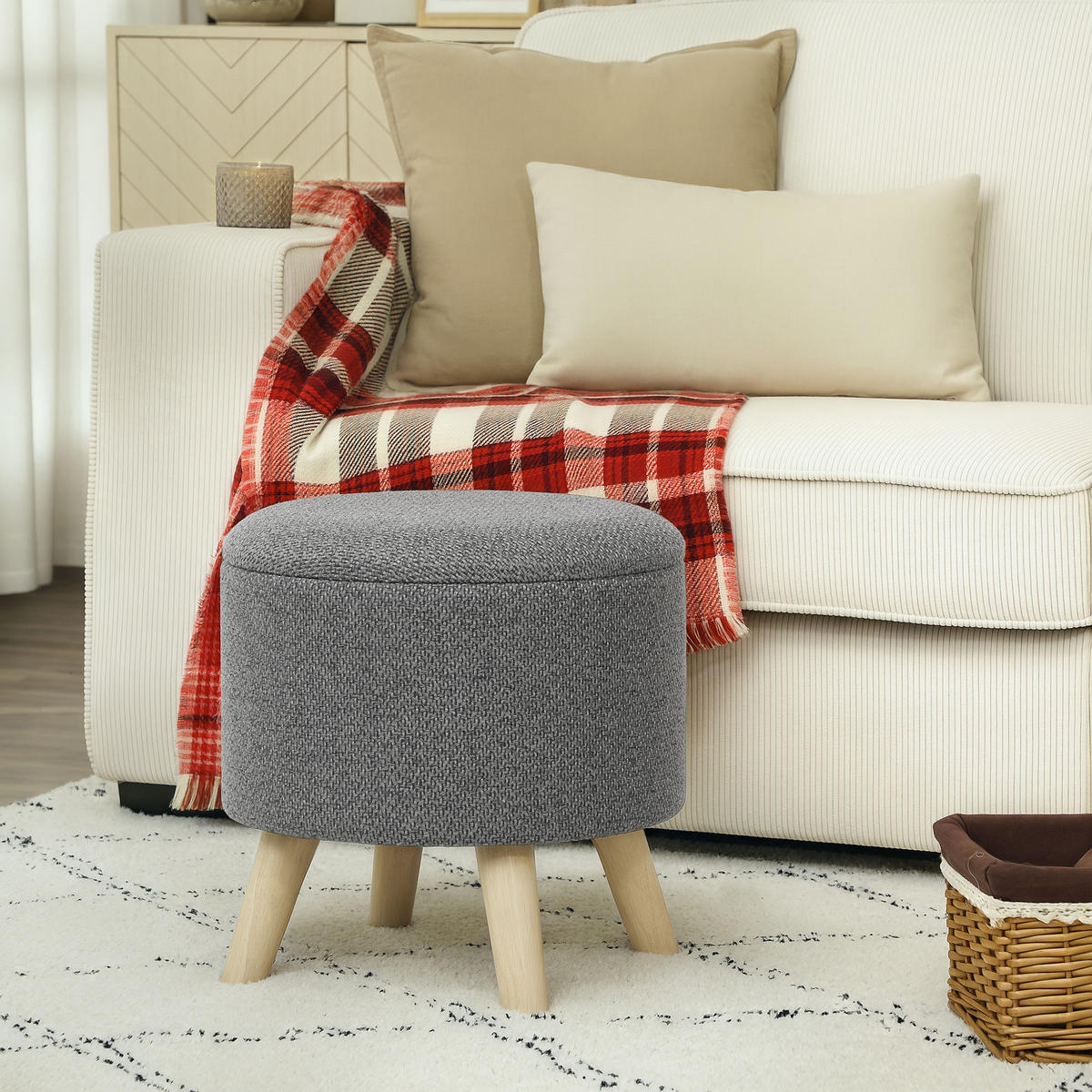 POUF DE-16378 runder Sitzhocker mit Stauraum und Holzbeinen Grau - Grau, Textil (39/40/39cm) - ComfortXL
