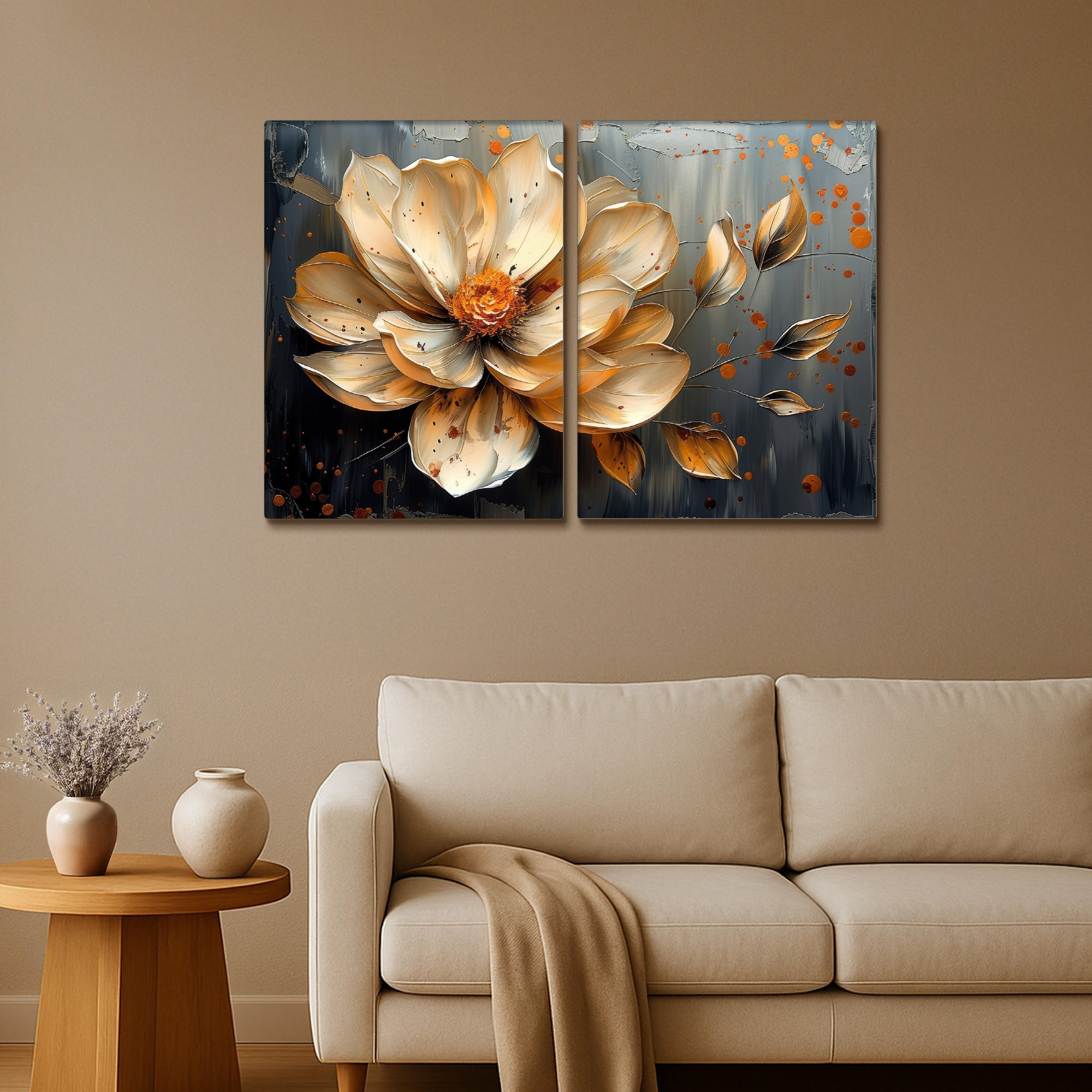 LEINWANDBILD 2er Set Blume - Gold - Abstrakt - Farbe 100x70 cm - Creme, Textil (100/70cm) - MuchoWow