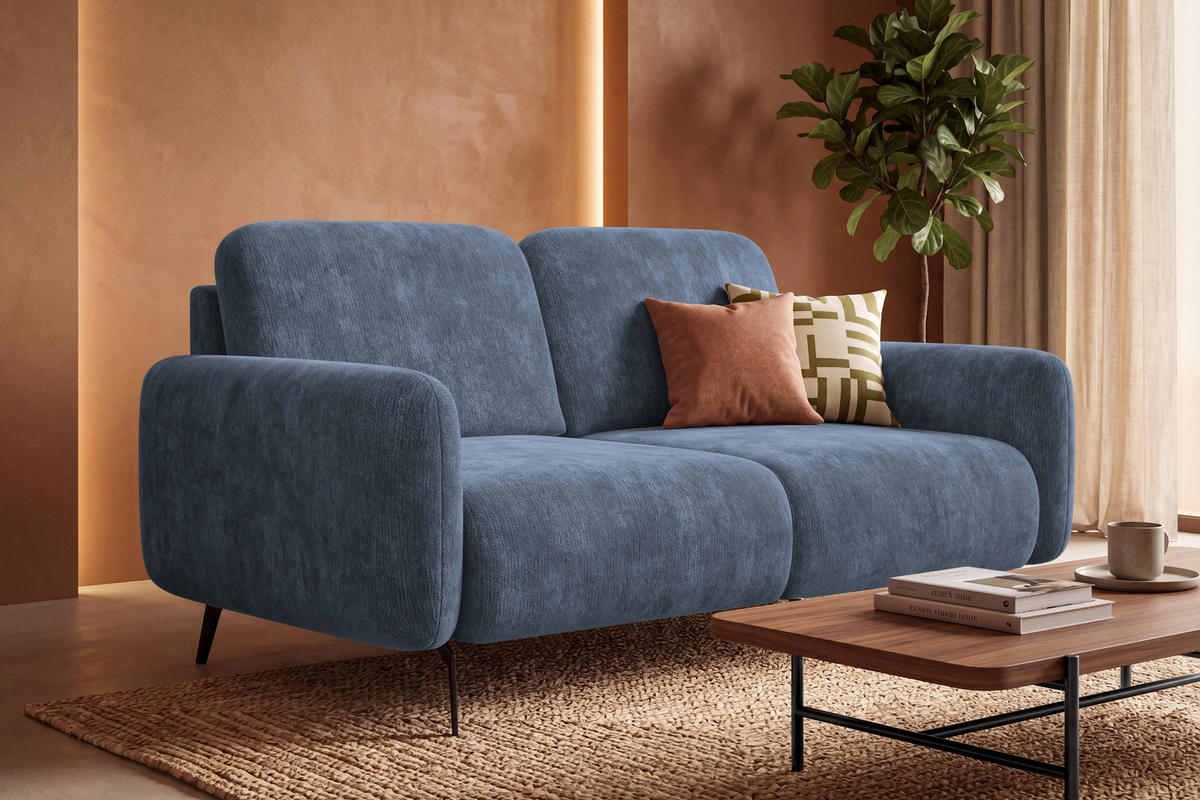 SOFA FEBE 2-Sitzer, marineblauer Chenille-Stoff - Blau/Schwarz, Holz/Textil (160/82/96cm) - Wozimo