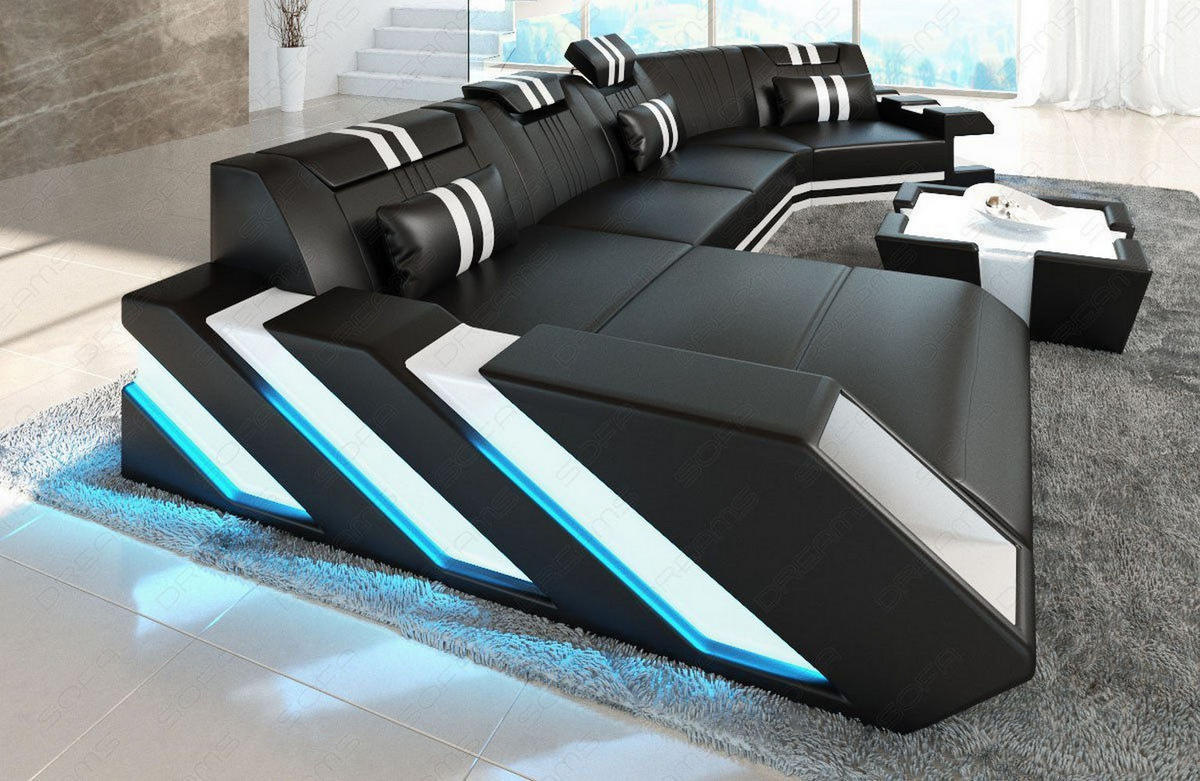 WOHNLANDSCHAFT Apollonia C - Schwarz/Weiß, Leder (420/78/190cm) - Sofa Dreams