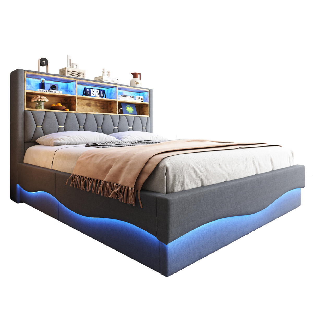 POLSTERBETT 180/200 cm mit LED-Beleuchtung, USB-Anschluss und hydraulischem Bettkasten, Grau - Grau, Metall (180/200cm) - Redom