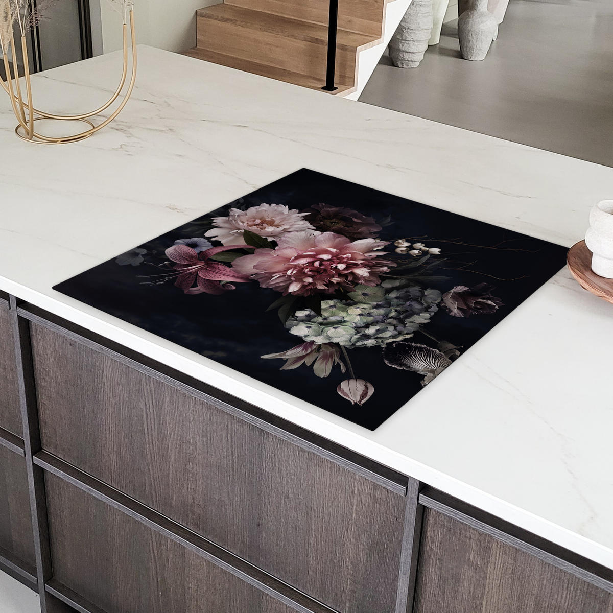 HERDABDECKPLATTE Blumen - Vintage - Pastell - Rosa - Weiß Induktionsmatte 78x78 cm - Altrosa, Kunststoff (78/78/0.2cm) - MuchoWow