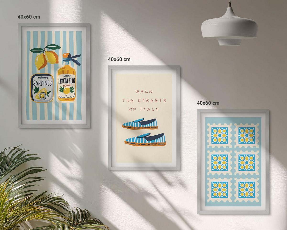 WANDBILDER 3er Set - 40x60 cm Silberner Rahmen - Früchte, Elemente der italienischen Kultur - Silberfarben, Kunststoff (40/60cm) - ArtPrintCave