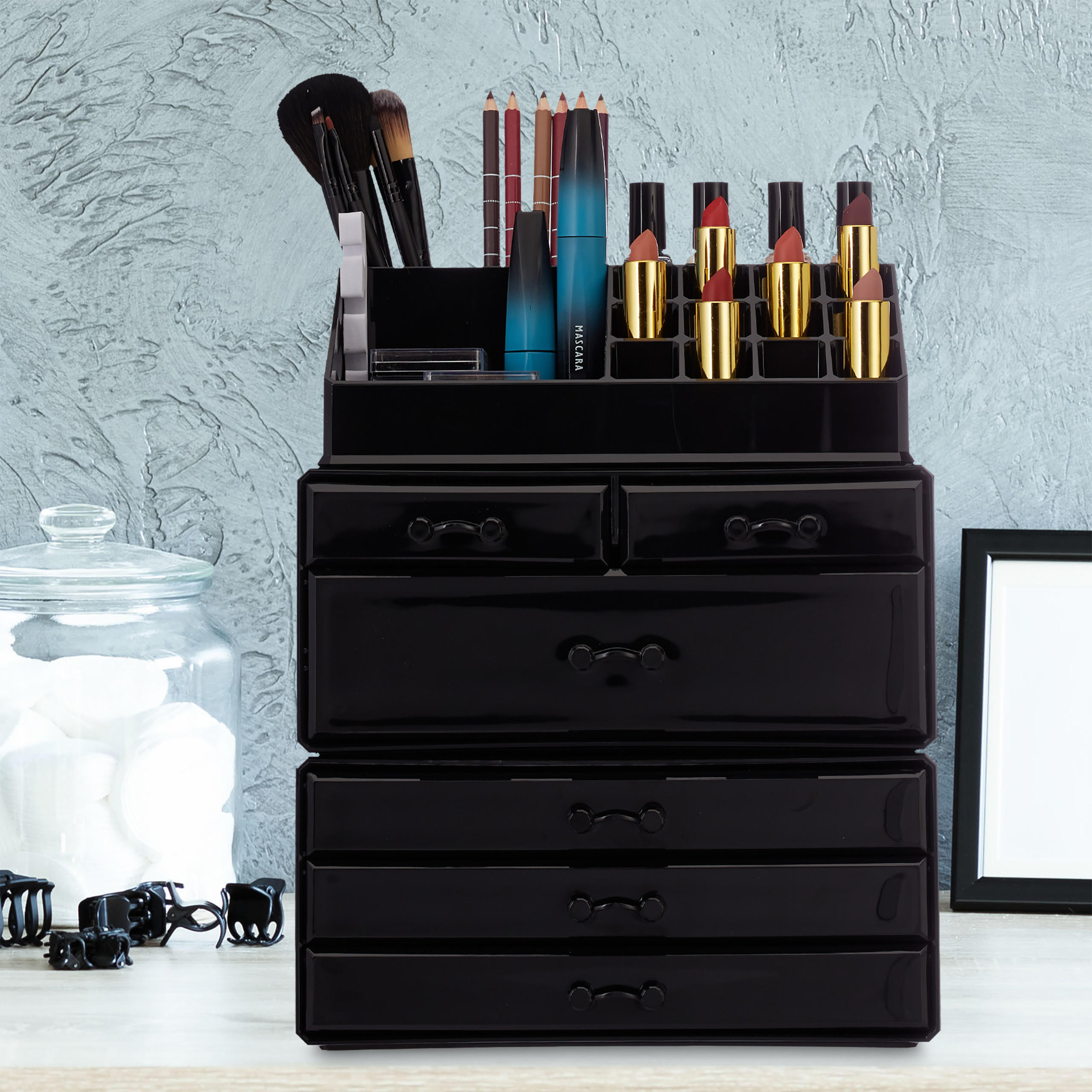 Thumbnail - Relaxdays Kosmetikorganizer, Schwarz, Kunststoff, 23.5x29x14 cm, Badaccessoires, Waschplatzzubehör, Kosmetikdosen